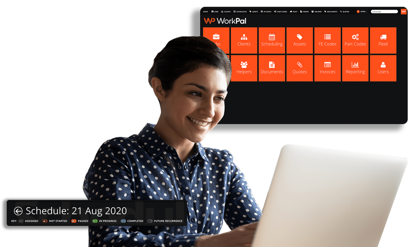 woman working on WorkPal's software for job management and WorkPal Portal Access